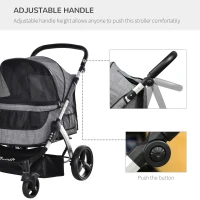 PawHut Pet Stroller Foldable Dog Cat Travel Carriage with Adjustable Handlebar PVC Wheel Brake Storage Bag Mesh Window Safety Leash Aluminum Grey(m-7)