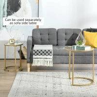HOMCOM Set of 2 Nesting Coffee Tables with Metal Base, Round Side Table with Tempered Glass Tabletop for Living Room, Bedroom, Gold(m-7)
