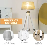 HOMCOM Tripod Floor Lamp, Adjustable Height Wooden Standing Lamp with E26 Lamp Base for Living Room, Bedroom, White and Grey(m-6)