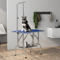 PawHut Foldable Grooming Table for Dogs with Height Adjustable Grooming Arm, Storage Shelf, Blue(m-1)