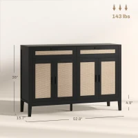 HOMCOM Kitchen Sideboard Cabinet, Boho Entryway Cabinet with Decorative Rattan Doors and Drawers for Dining Room, Black(m-3)