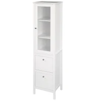 kleankin Tall Bathroom Cabinet with Tempered Glass Door, Storage Organizer, Freestanding Linen Tower with 2 Adjustable Shelves and 2 Drawers, White(m-2)