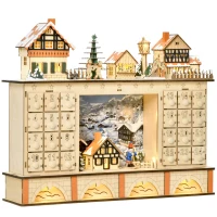 HOMCOM Christmas Advent Calendar, Light Up Table Xmas Wooden Store Holiday Decoration with Countdown Drawer, Village, for Kids and Adults, Natural(m-1)