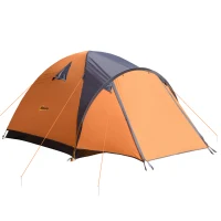 Outsunny Camping Tent with Porch for 4 People, Compact Portable Travel Camping Gear with 3 Doors, Outdoor Dome Tent for Backpacking Hiking or Beach with Windows, Carrying Bag, Orange(m-1)