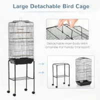 PawHut 62" Rolling Bird Cage Cockatoo House Play Top Finch Pet Supply with Storage Shelf, Wheels - Black(m-4)