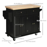 HOMCOM Rolling Kitchen Island with Rubber Wood Top and Storage, Spice Rack, Towel Rack, Black(m-3)