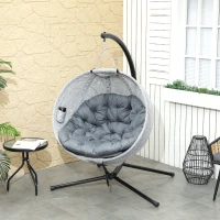 Outsunny Egg Chair with Folding Basket, Outdoor Indoor Hanging Swing Chair with Stand, Cushions for Patio, Balcony, Grey(m-1)