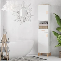 kleankin Bathroom Storage Cabinet with Cupboards and Drawer, Floor Free Standing Linen Tower, Tall Slim Side Organizer Shelves, White(m-1)