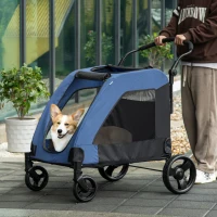 PawHut Dog Stroller for Medium and Large Dogs, 4 Wheels Folding Pet Cat Stroller With Universal Wheels, Storage Basket, safety leash, Blue(m-10)