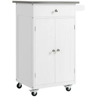 HOMCOM Kitchen Cart, Small Kitchen Island, Stainless Steel Top Utility Trolley on Wheels with Storage Drawer for Dining Room, Kitchen (White)(m-2)