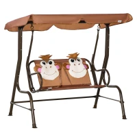 Outsunny Porch Swing for Kids with Adjustable Canopy to Block Sun at Angles, Kids Swing Chair with Seatbelts, Monkey Pattern, Gift for Kids Ages 3-6, Coffee(m-1)