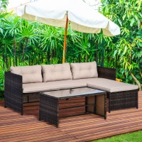 Outsunny 3 Piece Patio Furniture Set, Rattan Outdoor Sofa Set with Chaise Lounge & Loveseat, Soft Cushions, Tempered Glass Table, L-Shaped Sectional Couch, Beige(m-2)