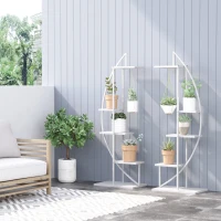 Outsunny 5 Tier Metal Plant Stand, Flower Pot Display Shelf with Hangers, Tall Plant Stand Indoor, Half Moon Shape, for Living Room Patio Garden Balcony Decor, White(m-10)