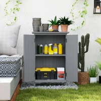 Outsunny Outdoor Storage Cabinet, Wooden Garden Storage Shed with 2-Tier Shelves, Metal Tabletop and Magnetic Doors, Grey(m-9)