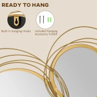 HOMCOM Metal Wall Art Gold Frame Circle Bathroom Mirror Decor Home Hanging Wall Sculptures for Living Room Bedroom Dining Room, 42.25" W x 22" H, Gold(m-5)