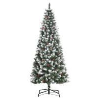 HOMCOM 6ft Decorated Christmas Tree with Red Berries and Pine Cones, Flocked Christmas Tree with Pencil Shape, Green(m-2)