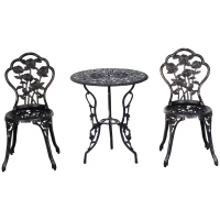 Outsunny 3 Pieces Aluminum Bistro Set, Bistro Table Set Outdoor Patio Furniture with Umbrella Hole, Patio Table and Chairs with Floral Patterns for Garden, Balcony, Porch, Bronze(m-11)