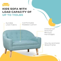 Qaba 2-Seat Kids Sofa, Toddler Sofa Couch, Linen-Like Fabric & Wood Frame Sofa Chair for Ages 3-7, 11" High Seat, Blue(m-6)