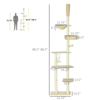 PawHut Floor to Ceiling Cat Tree, Cat Climbing Tower with Platforms, Bed, Hammock, Scratching Posts, Toy Balls, Beige(m-3)