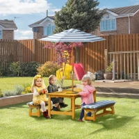 Outsunny Kids Wooden Table and Bench Set with Cushions, Outdoor Picnic Furniture with Removable Umbrella, for Backyard, Garden, Aged 3-8 Years Old, Yellow(m-2)