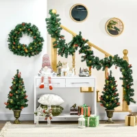 HOMCOM Prelit Holiday Christmas 4-Piece Set, Garland Wreath and Set of 2 Entrance Trees with Warm White LED Lights, Red Berries, Pine Cones, Green(m-10)