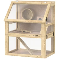 PawHut 3 Tier Wooden Hamster Cage w/ Detachable Bottom, Hut, Seesaw, Exercise Wheel, Ramps, 24" x 16" x 29.5"(m-1)