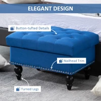 HOMCOM Ottoman with Storage for Living Room, 25" Storage Ottoman with Removable Lid, Button-Tufted Fabric Bench for Footrest and Seat with Wood Legs, Blue(m-7)