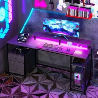 HOMCOM 61" Computer Table with LED Lights, PC Desk with Power Outlets, USB Ports, Storage, Wireless Remote, Distressed Black(m-10)