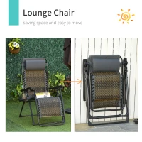 Outsunny Wicker Folding Lounge Chair with Adjustable Backrest, Rattan Recliner Chair with Headrest & Side Table Tray, Grey(m-5)