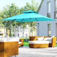 Outsunny 10ft Offset Patio Umbrella with Base, Double Top Hanging Aluminum Cantilever Umbrella with 360-degree Rotation, Easy Tilt, 8 Ribs, Crank, Cross Base, Cover, Strap, Light Blue(m-10)