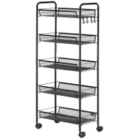 HOMCOM 5 Tier Utility Rolling Cart, Metal Storage Cart, Kitchen Cart with Removable Mesh Baskets, for Living Room, Laundry, Garage and Bathroom, Black(m-11)