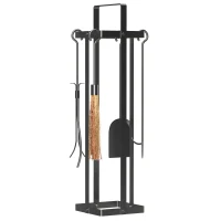 Outsunny 5 Piece Metal Fireplace Tools Set with Brush Broom, Poker, Shovel, Tongs, and Stand for Indoor or Outdoor, Black(m-1)