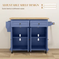 HOMCOM Kitchen Island with Storage, Rolling Trolley Cart with Rubber Wood Top, Spice Rack, Towel Rack, Navy Blue(m-5)