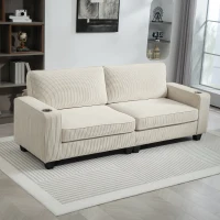 HOMCOM Three Seater Sofa, Fabric 3 Seater Couch with Spring Cushion and Cup Holders for Living Room, Bedroom, Cream White(m-8)