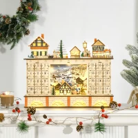 HOMCOM Christmas Advent Calendar, Light Up Table Xmas Wooden Store Holiday Decoration with Countdown Drawer, Village, for Kids and Adults, Natural(m-8)