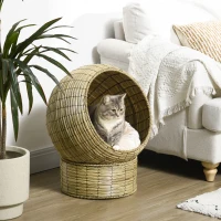 PawHut Handwoven Elevated Cat Bed with Soft Cushion & Cat Egg Chair Shape, Cat Basket Bed Kitty House with Stand, Raised Wicker Cat Bed for Indoor Cats, 23.5" H, Yellow(m-10)