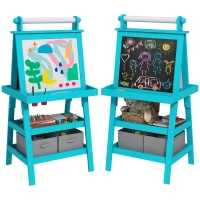 Qaba Double Sided Easel for Kids, Standing Toddler Easel with Paper Roll, Magnetic Whiteboard, Chalkboard & Storage, Blue(m-11)