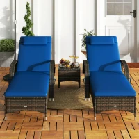 Outsunny Patio Wicker Chaise Lounge Chair Set of 2 with Table, Adjustable Backrest, Wheels, Cushion & Headrest, Blue(m-9)