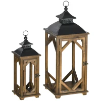 HOMCOM 2 Pack 31"/21" Large Rustic Lantern Decorations, Hanging Wooden Metal Indoor Covered Outdoor Lantern for Home Decor (No Glass), Black and Dark Wood Color(m-11)