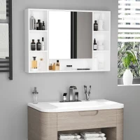 kleankin Wall Mounted Medicine Cabinet, 39.25"W x 27.5"H Bathroom Mirror Cabinet with Single Mirrored Door, Shelves and Storage Cupboard, White(m-8)