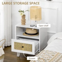HOMCOM Bedside Table with Rattan Element, Side End Table with Drawer and Shelf, 17.7"x15.4"x22.2", White(m-5)