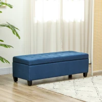 HOMCOM Rectangular Entry Bench, Tufted Upholstered Linen Fabric Wood Feet Storage Ottoman Bench, Blue(m-8)