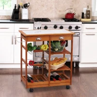 HOMCOM Wooden Rolling Kitchen Cart, Tile Counter Top Kitchen island on Wheels with Towel Rack, 2 Drawers, 2 Shelves, Wire Baskets & Wine Rack, Natural(m-10)