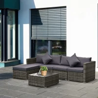 Outsunny 6 Piece Patio Furniture Set Outdoor Wicker Conversation Set All Weather PE Rattan Sectional Sofa Set with Ottoman, Cushions and Tempered Glass Table, Mixed Gray and Gray(m-2)