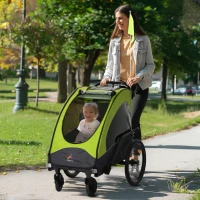 Aosom Bike Trailer for Kids 3 In1 Foldable Child Jogger Stroller Baby Stroller Transport Carrier with Shock Absorber System Rubber Tires Adjustable Handlebar Kid Bicycle Trailer Green and Gray(m-10)