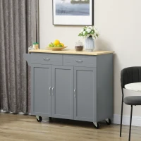 HOMCOM Kitchen Cart with Storage, Rolling Kitchen Island on Wheels with Bamboo Countertop, Drawers, Cabinets, 3 Doors, Grey(m-8)