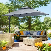 Outsunny 10ft Offset Patio Umbrella with Base, Double Top Hanging Aluminum Cantilever Umbrella with 360-degree Rotation, Easy Tilt, 8 Ribs, Crank, Cross Base, Cover, Strap, Dark Gray(m-10)