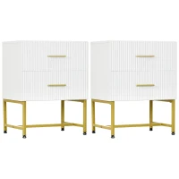 HOMCOM 2 Pieces Nightstands with Storage, Modern Bedside Tables with 2 Fluted Drawers and Gold Legs for Bedroom, White(m-11)