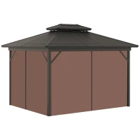 Outsunny 10' x 12' Hardtop Gazebo with Curtains and Netting, Permanent Pavilion Metal Double Roof Gazebo Canopy with Aluminum Frame and Hooks, for Garden, Patio, Backyard, Brown(m-11)