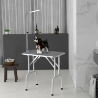 PawHut Foldable Pet Grooming Table for Dogs Cats with Adjustable Arm, Non-slip Surface, Grey(m-1)